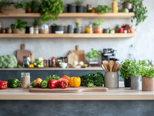 Fresh vegetables and herbs on kitchen counter in a bright modern kitchen setting