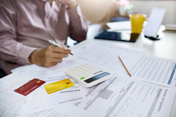 asian men calculating expenses and stressed about credit card debt and many bills and then money...