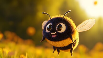 Fototapeta premium Cheerful, cartoon bee in flight over wildflowers.