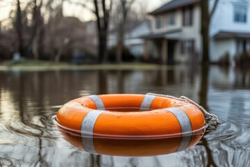 Life preserver floating in flooded suburban yard
