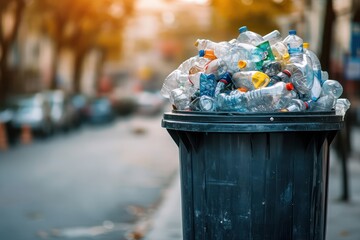Overflowing bin with plastic bottles on urban street