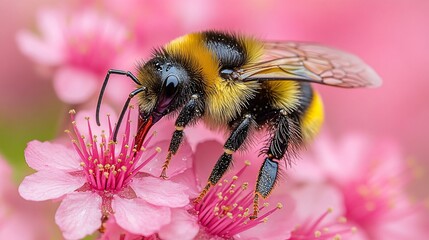 Bumblebee Visiting A Pink Flower Close Up Macro Photography