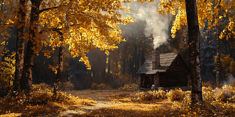 Autumn Forest Landscape Golden Leaves Sunlight and Tranquil Woods Background Image