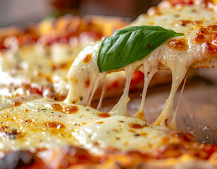 Close Up Of  Melted Cheese Pizza Slice With Basil