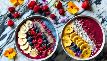 Colorful smoothie bowls preparation kitchen food photography bright top-down view healthy eating concept