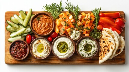 Mediterranean mezze platter with assorted dip and fresh vegetable