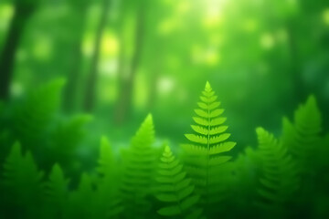 Dreamy green fern background with blurred rainforest behind, balanced color contrast and layout