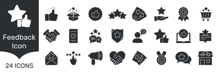 Feedback And Rating Icon Set. Customer Satisfaction, Review, And Quality Assurance Silhouette Symbol Collection. Includes Thumbs Up, Stars, And Communication Elements. Isolated Vector Illustration