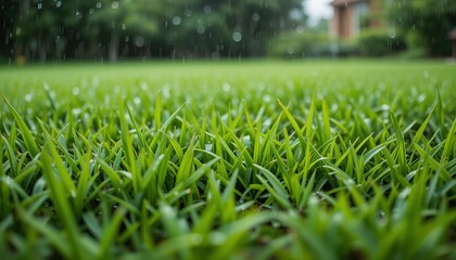 Lush Green Grass Field with Charming House in Background Under Clear Blue Sky Evoking Peaceful Vibes