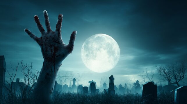 a zombie hand emerging from a graveyard under the night moon.
