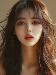 Effortless beauty of a Korean woman with natural makeup and flowing hair, captured in soft, warm lighting