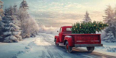 Classic Red Truck Carrying Christmas Tree Through Snowy Winter Landscape