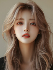 Fototapeta premium Korean beauty showcasing natural makeup and radiant skin in a soft, neutral-toned setting with warm lighting