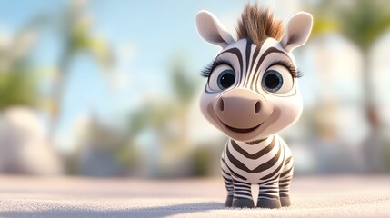 Fototapeta premium Digital illustration of a cute zebra foal in a sunny setting.