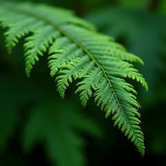 Close-up of dew-covered fern fronds in a shaded rainforest, high clarity, natural textures, fresh green tones, elegant 