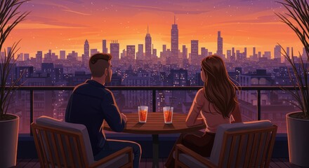 Fototapeta premium Romantic Rooftop Sunset in New York City: A Couple's Serene Evening
