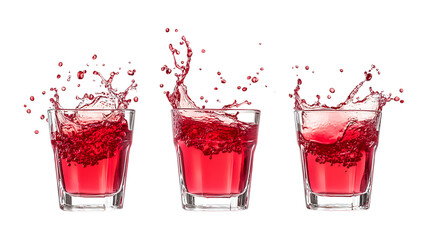 Set of Three Red Drinks Splashing Against Transparent Background