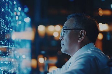 Businessman Analyzing Data on Digital Screen in Modern Office at Night.