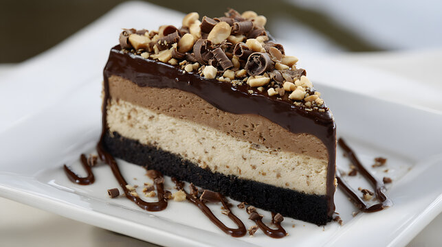 Delicious Chocolate Hazelnut Cheesecake Layered with Praline and Topped with Nuts on a Plate