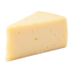 Aged cheese wedge, creamy texture with small holes, perfect for charcuterie boards or gourmet dishes, inviting and flavorful. Isolated on white background or PNG