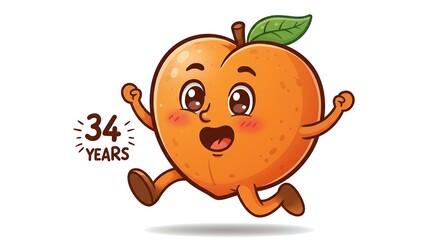 Peach Fruit Mascot Running with 34 Years