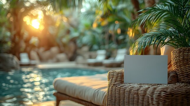A blank gift card on a lounge chair at a tropical beach resort