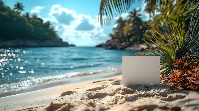 Tropical beach scene with a white gift card for retirement - Powered by Adobe