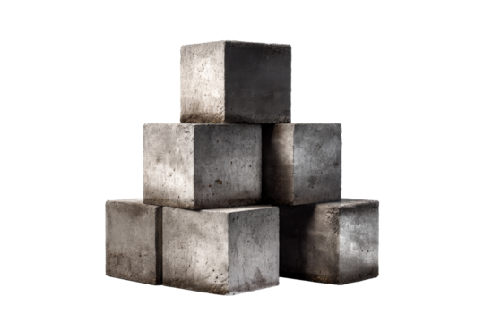 Metallic cubes arranged in a stack on a transparent background