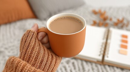 Cozy Coffee Session with Planner and Warm Textures in Flatlay Style