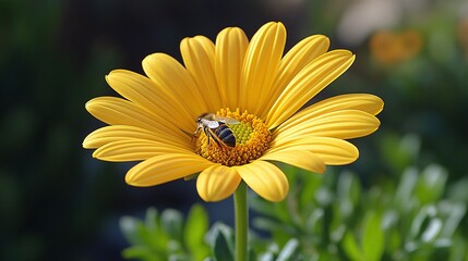 Obraz premium Closeup View Of Bee On Yellow Flower Petal Bloom Of A Daisy Plant Bloom In Spring Time In Nature Or Garden Setting. An Insect On A Summertime Daisy Flower. A Vibrant Floral Picture. An Image Of A Bee