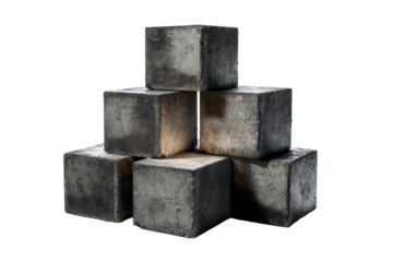 Concrete cubes arranged in a stacked formation on a clear background