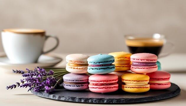Colorful macarons and coffee on a slate board cozy kitchen setting dessert photography warm atmosphere artistic viewpoint