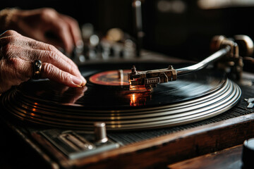 Obraz premium Person playing a record on a turntable.