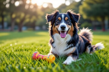 Happy dog with chew toy, playful border collie lying on grassy field at sunset. Concept of joy and companionship, dog with chew toy highlights pets' playful nature.