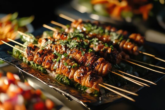 kebabs on wooden sticks background