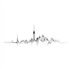 Fototapeta premium Minimalist Cityscape Silhouette: Black Ink Drawing of Urban Skyline on White Background - Modern Architecture, Urban Design, and Creative Illustration