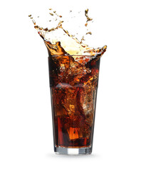Cola splashing out of glass isolated on white