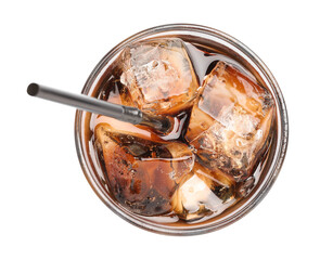 Refreshing cola with ice cubes and straw in glass isolated on white, top view