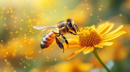 Naklejka premium Honeybee Pollinating Yellow Flower Closeup Macro Photography