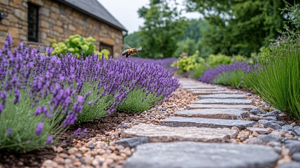 Obraz premium Purple Lavender Field with Stone Path and Flying Bee