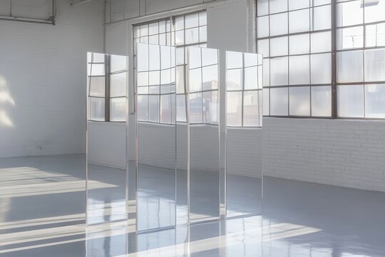 Modern, minimalist interior with multiple tall, reflective vertical panels, bathed in natural light,  facing large windows