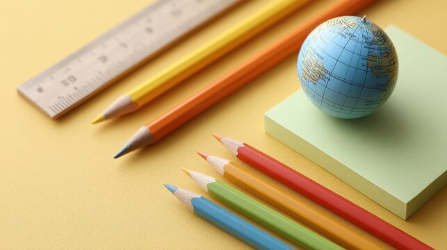 Classroom Essentials Flat Lay with Rulers, Globe, and Colored Pencils