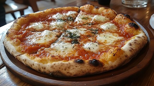 Delicious pizza Margherita on wooden plate with charred crust, tomato sauce, mozzarella, herbs. Freshly baked and ready to eat!