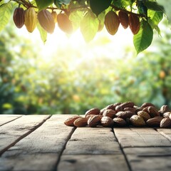 Cocoa beans piled on rustic wooden table with cocoa pods hanging from tree branches in a sunny tropical farm setting