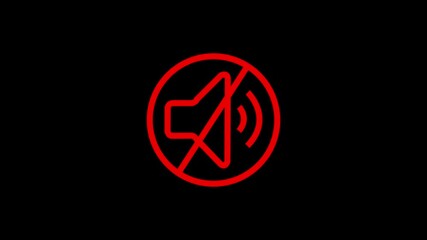 Mute sound speaker icon Simple design animation red ,color isolated on black background.no music allowed icon animation on black background. music prohibited icon. Not Allowed Sign road motion design 
