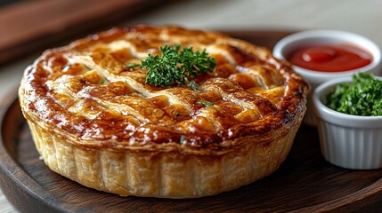 Golden brown savory pie, baked to perfection, sits on a wooden platter with bowls of sauce and garnish alongside it.