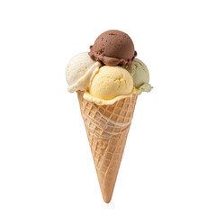 Delicious ice cream cone, three flavorful scoops with creamy textures, perfect for a hot day or dessert indulgence. Isolated on white background or PNG