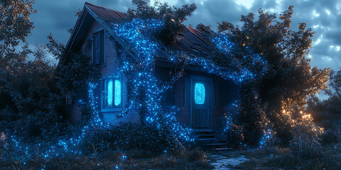 Enchanted Forest House Fantasy Night Scene Background Image