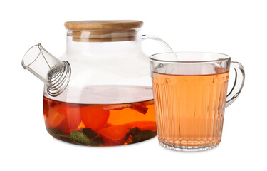 Aromatic fruit tea with strawberries and mint isolated on white