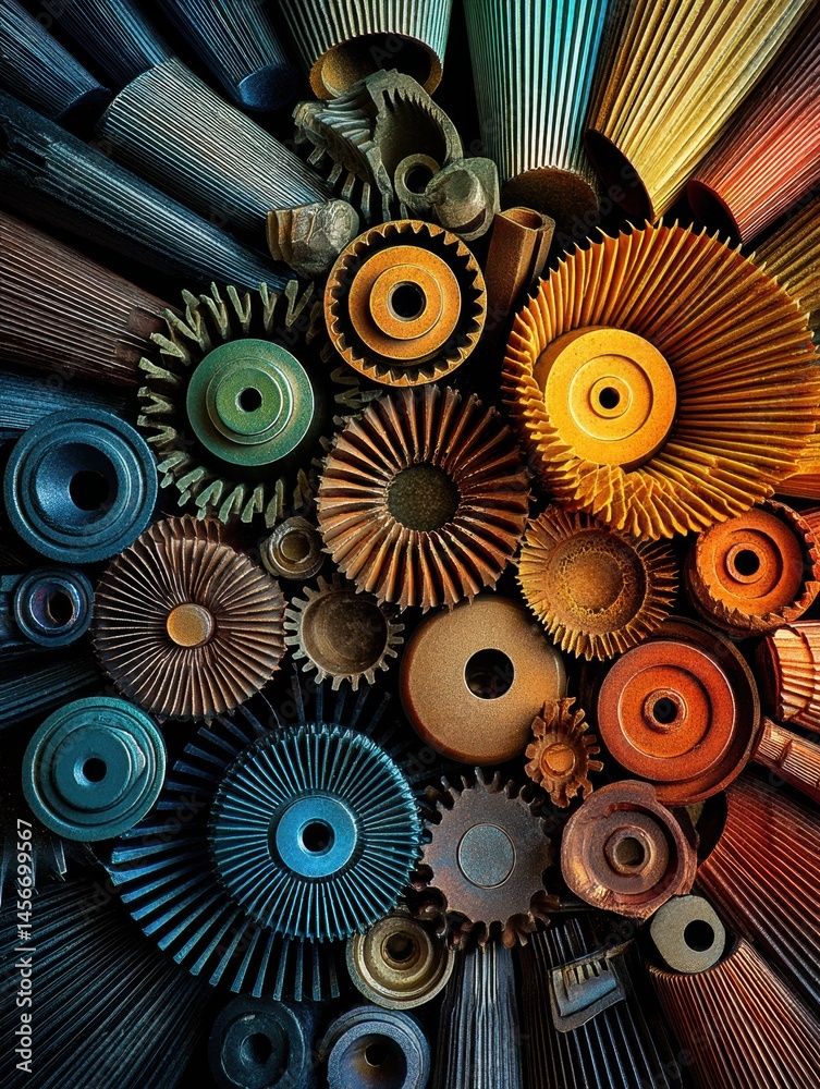 Poster Radial Abstract Composition of Diverse Implant Parts Featuring Distinct Colors and Shapes Arranged Harmoniously at the Center Generative AI